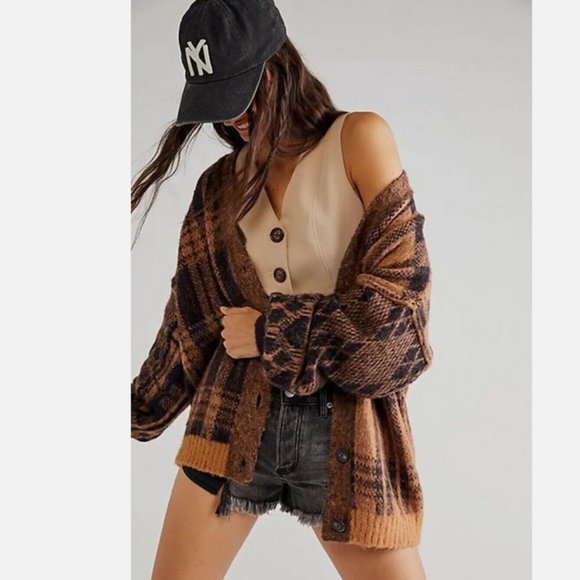 Free People Sepia Cardigan Sweater Birchwood brown plaid size XS NEW - Picture 1 of 11